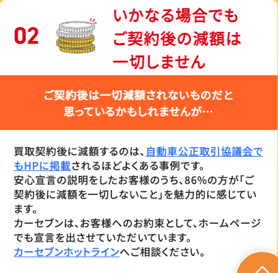カーセブンの買取安心宣言「いかなる場合でもご契約後の減額は一切しません」（公式LPより）