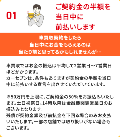 カーセブンの買取安心宣言「ご契約金の半額を当日中に前払いします」（公式LPより）